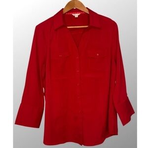 Cato Women's Red Button-Up Blouse Long Sleeve Pocketed Collared Casual V-Neck XL